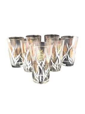 Homer Laughlin Vintage Wheat Pattern Drinking Glasses Set of 7 Gold Rim Mid Cent